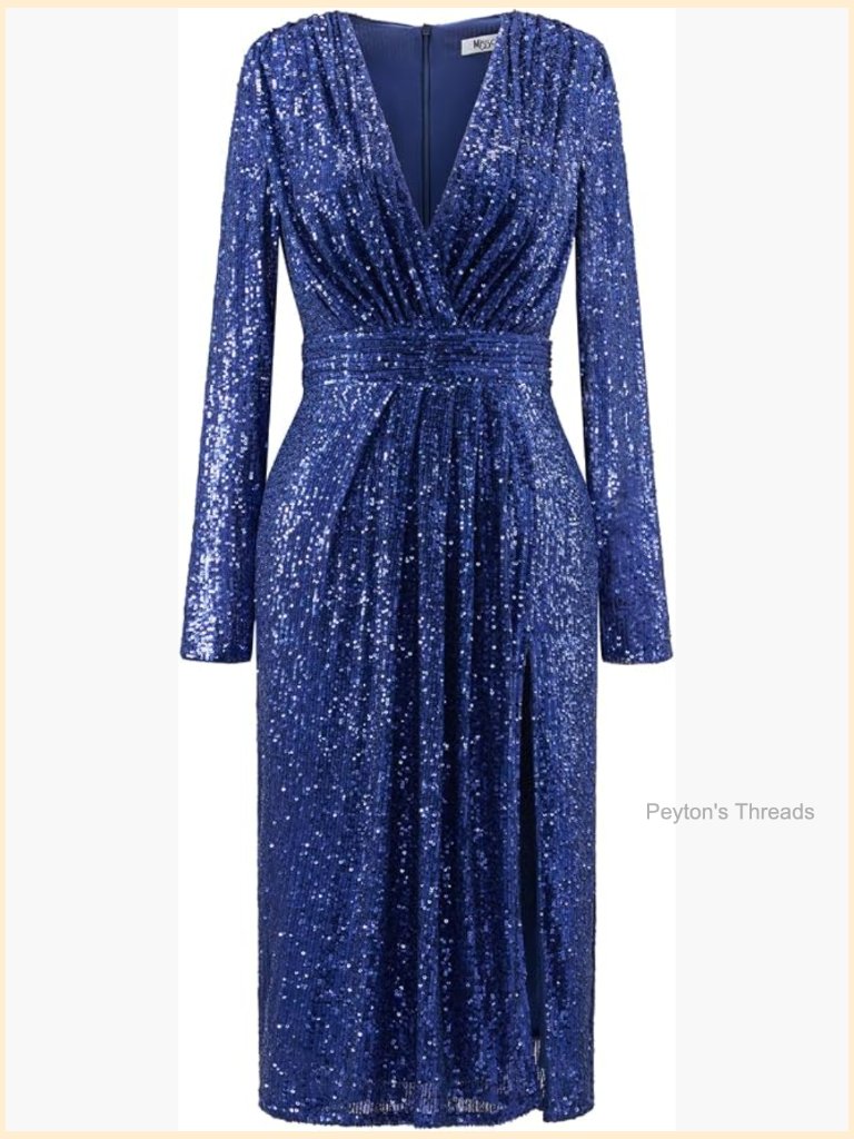 Deep V-Neck Sequin Long Sleeve Midi Cocktail Dress With Slit
